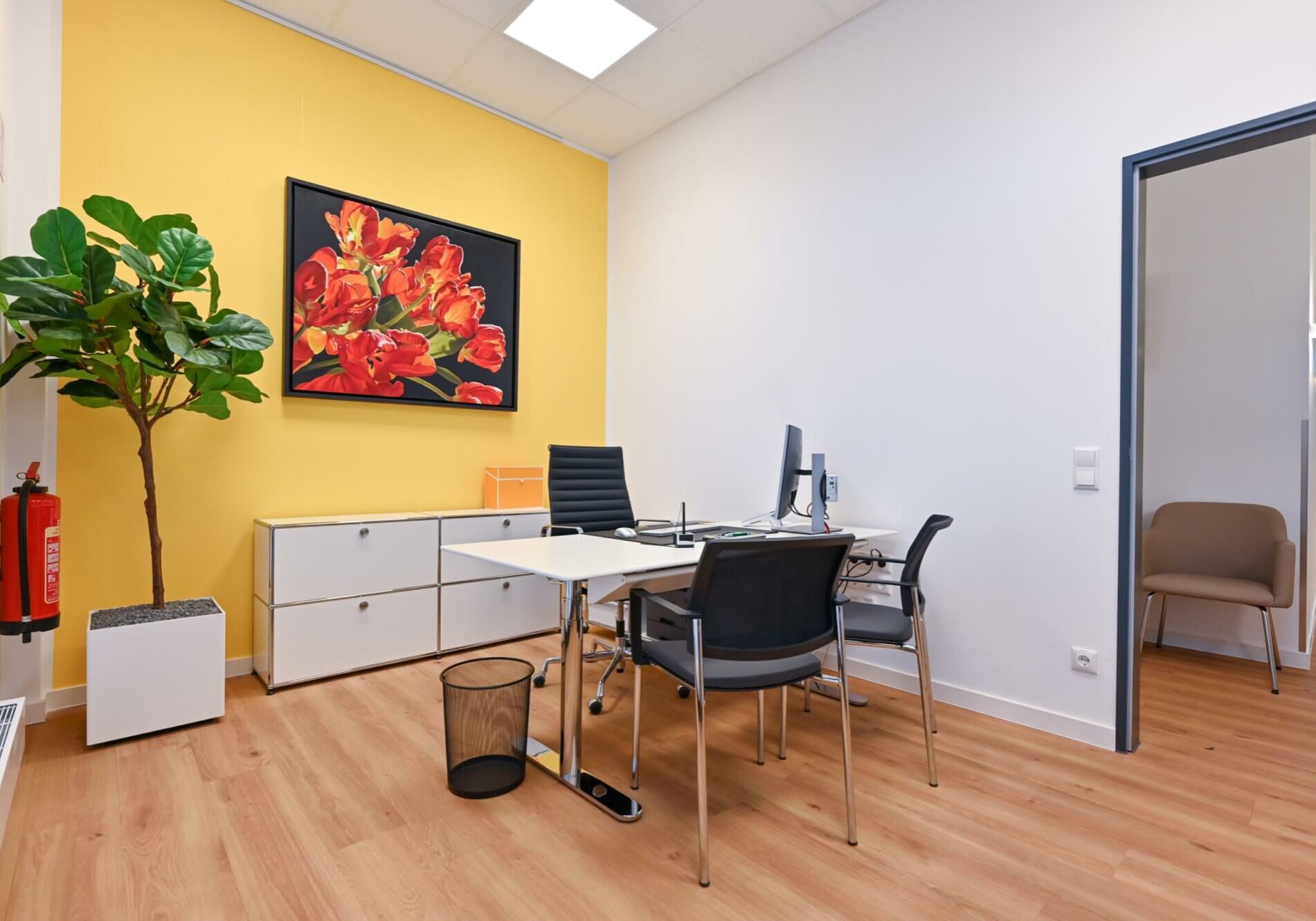 Sprechzimmer mit gelber Wand, darauf ein großes Blumenbild, weißer Schreibtisch mit Computer, schwarzen Stühlen, großer Zimmerpflanze und einem Feuerlöscher.